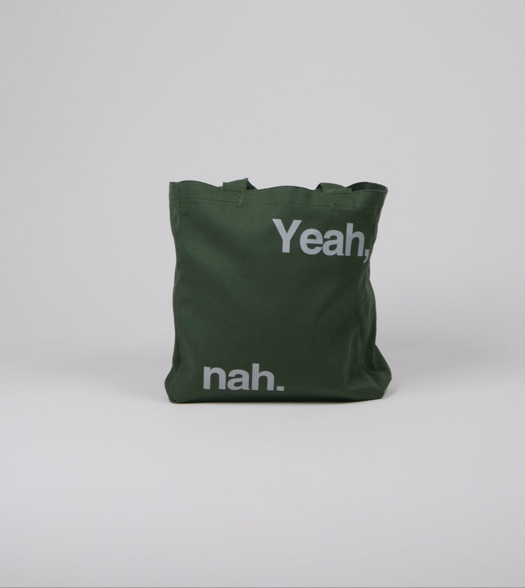 Yeah Nah dark olive green Tote bag front view